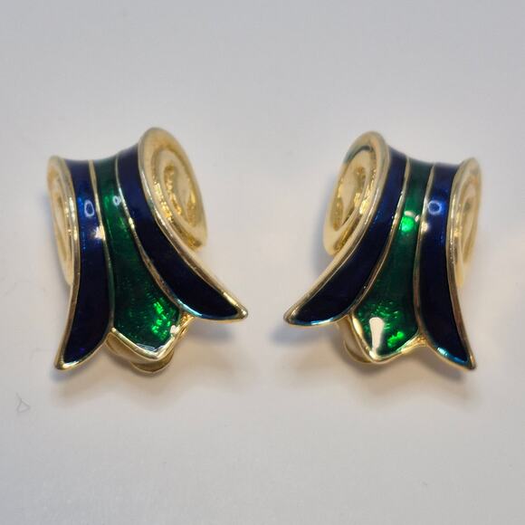 Vintage Emerald Green Royal Blue and Gold-tone Tulip Cloisonne Clip-on Earrings - Picture 2 of 11